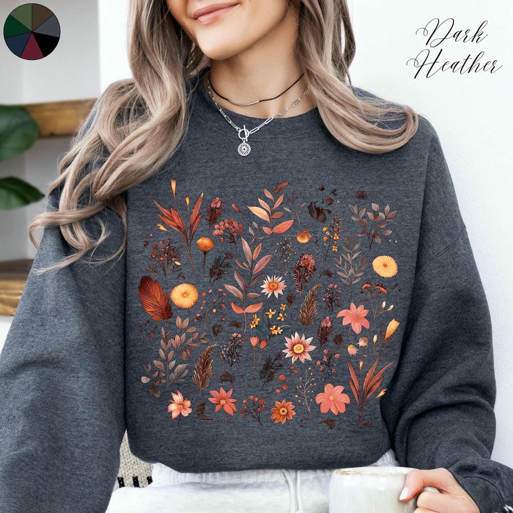 Vintage Forest Wildflowers Print Sweatshirt For Women Botanical Wild Flower Jumper Crewneck Unisex Fleece Sweatshirt Streetwear