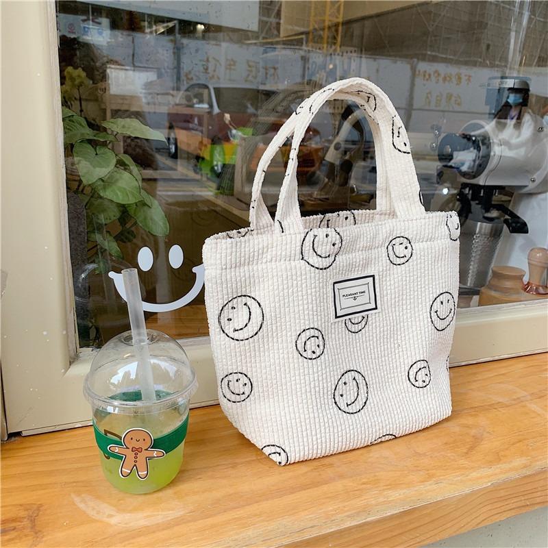 1221 new corduroy retro polka dot handbag cute smiley face hand carrying tote bag women's bento bag