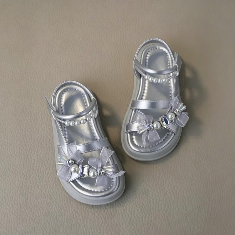 Girls Princess Sandals 2026 Rhinestone Pearl Decor Soft Sole Non-Slip Open Toe Shoes Ages 4-16