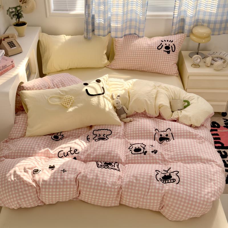 Cartoon Embroidered Cotton Terry Bedding Set - Skin-Friendly, Washable, 4-Piece Set with Bed Sheet and Duvet Cover (Student Size)