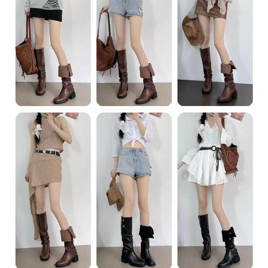 Pleated Pile Boots Long Boots Women's Thick Heel 2025 New Square Head Belt Buckle Western Cowboy Boots Tall Knight Boots