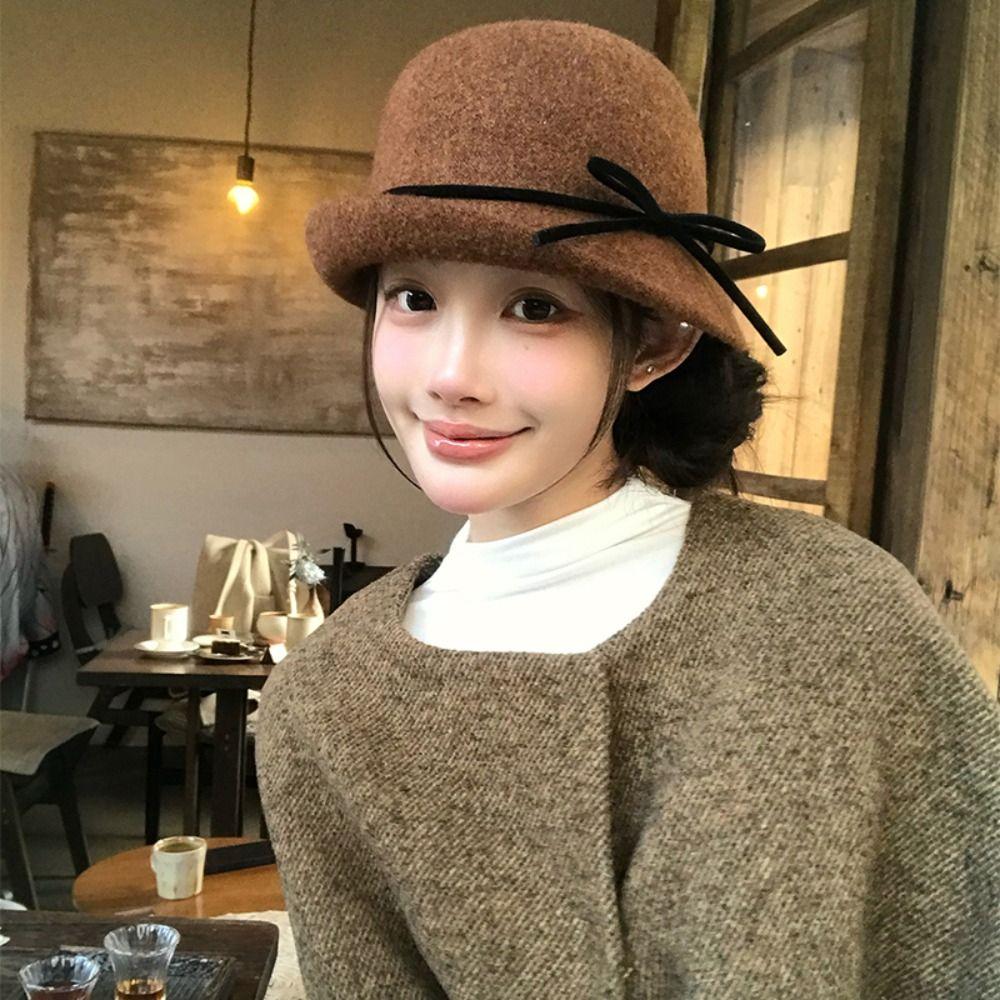 Bowknot Hepburn Style Topper Hat Elegant Women Formal hat Elegant Woolen Bucket Hat  Travel
