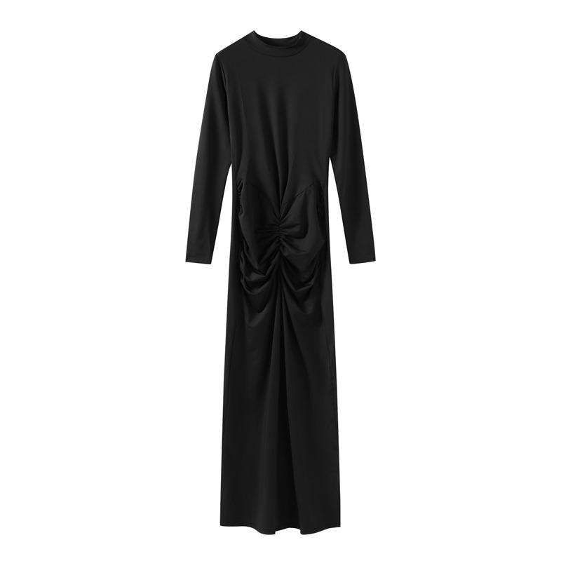 Rynket Skinny Stretch Enkel Ensfarget Lang Kjole Dame Høstmote Langermet O-hals Basic Klassisk Skjørt