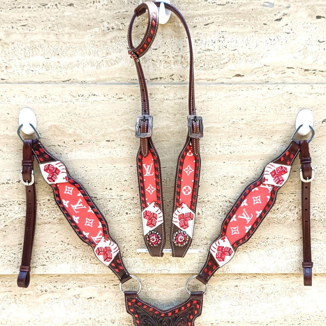 

Premium Horse Show Saddle Tack Western Leather Headstall Breast Collar M червоний
