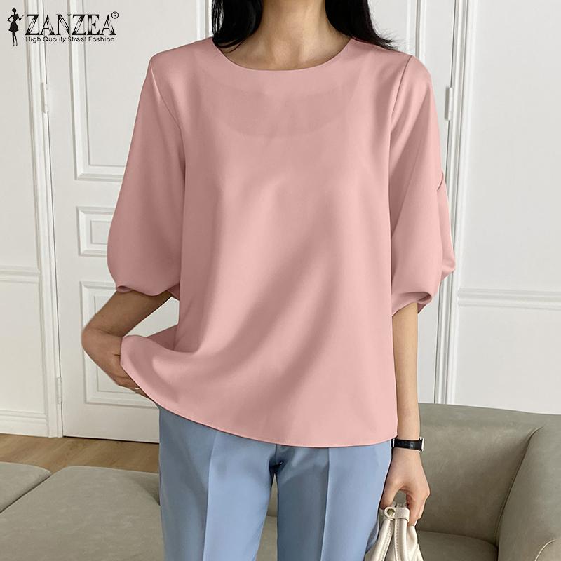

ZANZEA Женские свободные повседневные однотонные летние блузки с круглым вырезом Топы