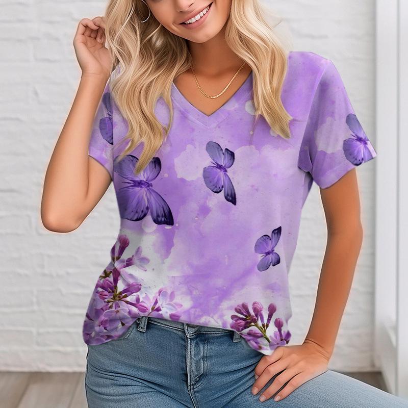 Women's V-neck Digital Printed Top Summer Short Sleeved Loose Women's Floral T-shirt