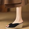 Fashion Black Butterfly Fish Mouth Wedge Heels Thick-soled Sandals for Women Summer New French Versatile Straw Woven High Heel Slippers