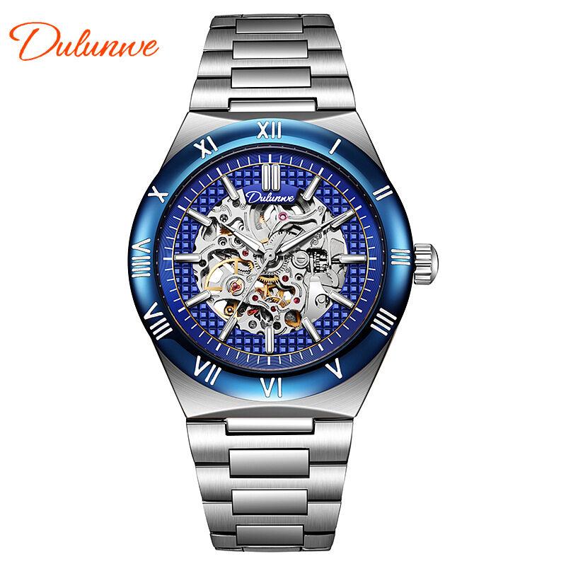 Dulunwe Skeleton Mechanical Watches Blue Roman Dial Watch for Men Automatic Watches Luxury Sports Waterproof Clock