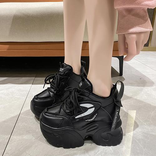 

Модные женские кроссовки на высокой платформе 10 см, новые осенние повседневные туфли на толстой подошве для папы, женские кожаные спортивные кроссовки для ходьбы Zapatos Mujer 39 чёрный