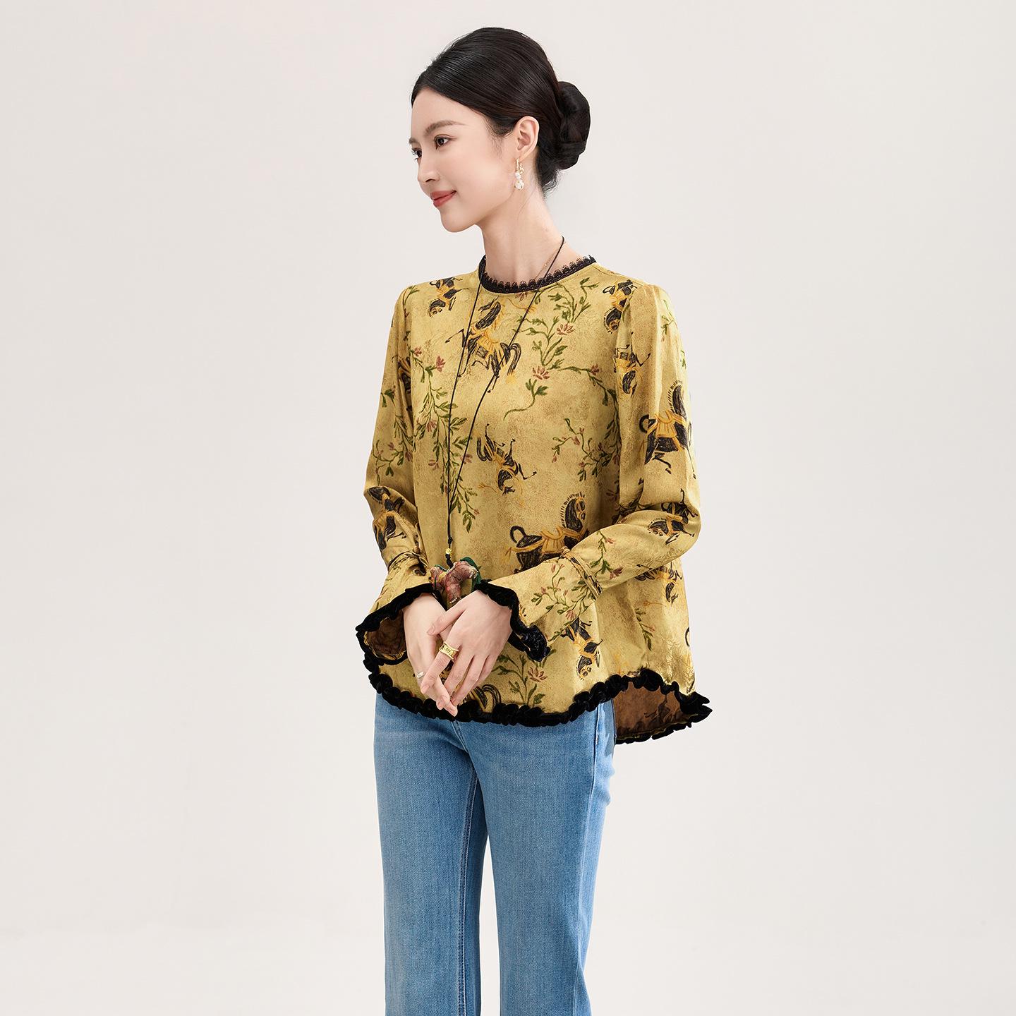 Nanyou Women s Rayon Jacquard Velvet Lace Top - Early Spring Chinese Style Medium жёлтый