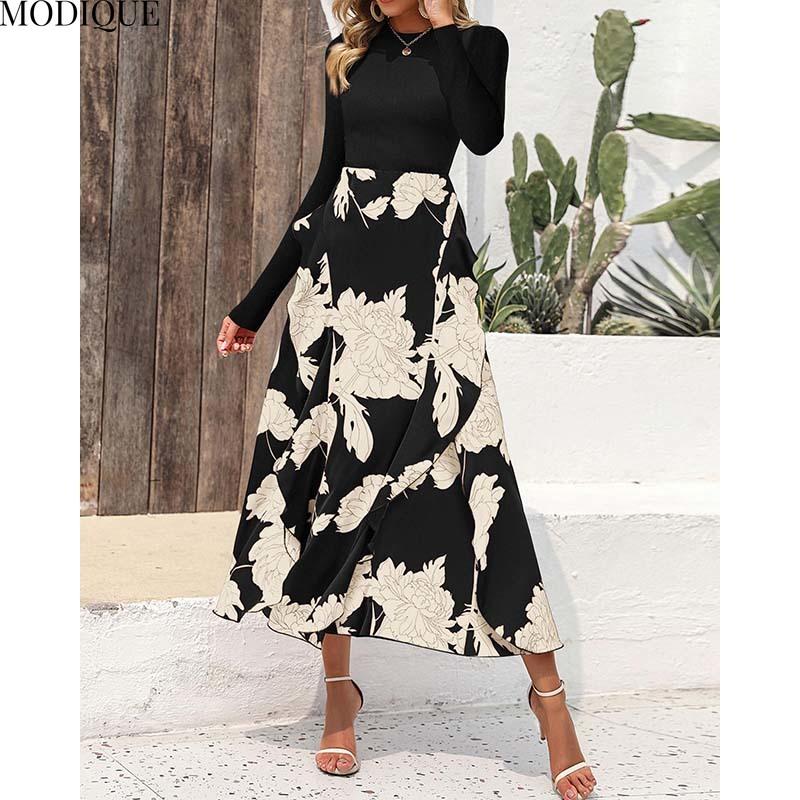 MODIQUE 2025 Spring New Women's Casual Vintage Floral Printing Patchwork Long Dress Ladies A-Line Long Sleeve O-Neck Dress