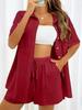 Women's Casual Solid Color Shirt & Shorts Set - Single-Breasted, Short-Sleeved