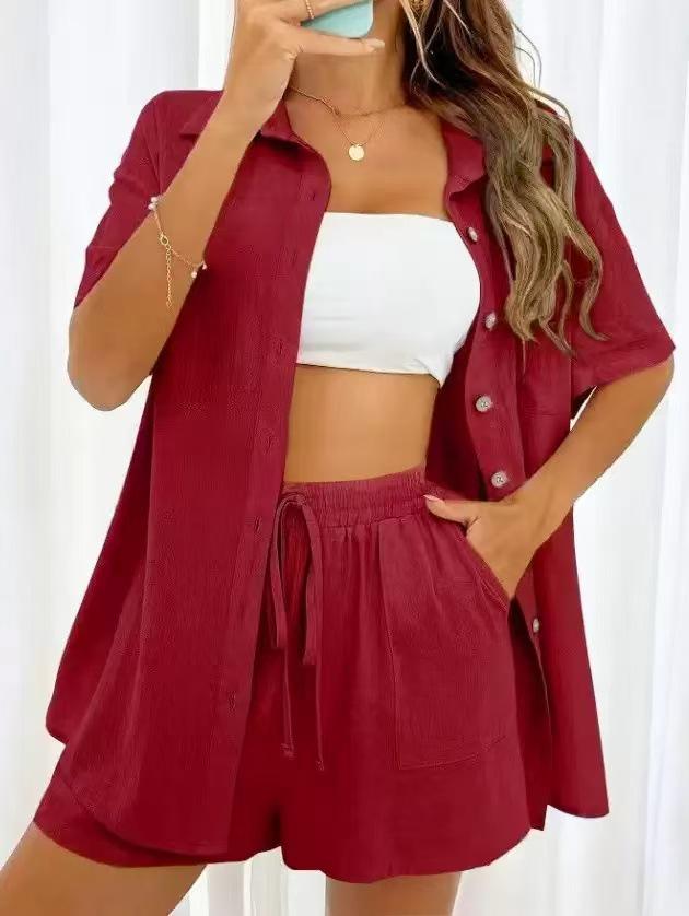 Women's Casual Solid Color Shirt & Shorts Set - Single-Breasted, Short-Sleeved