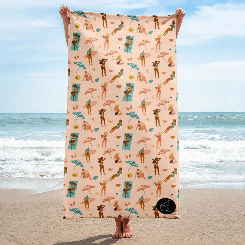 Cartoon Summer Beach People Print Beach Towel Illustration Quick Dry Sand-Free Lightweight Absorbent Beach Blanket for Swimming