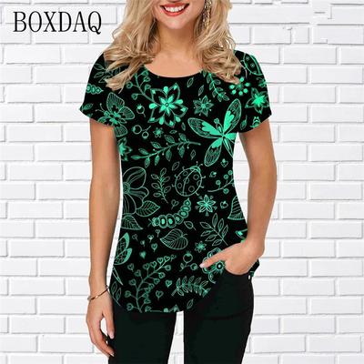 Pflanzen&Blumen Und Schmetterling Grafik Damen Mode T-Shirts Kurzarm 3D Gedruckt Street Trend Damen T-Shirts O-Ausschnitt Lässige Oberteile