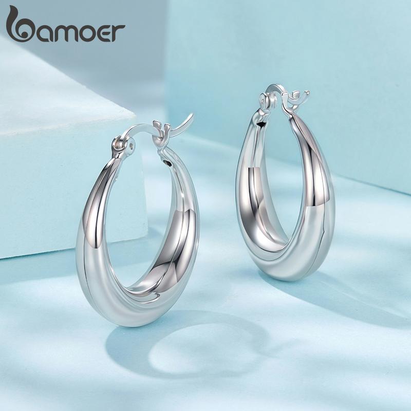BAMOER White Gold Plated Hoop Earrings Chunky Earring with 925 Silver Ear Buckles Punk Women Hypoallergenic Ear Jewelry