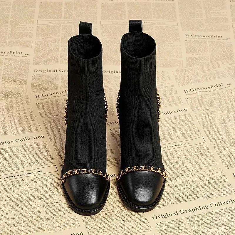 Fashion Autumn Women Knit Ankle Boots Fashion Slip On Slimming Short Booties Autumn Winter Female Thick Heel Shoes