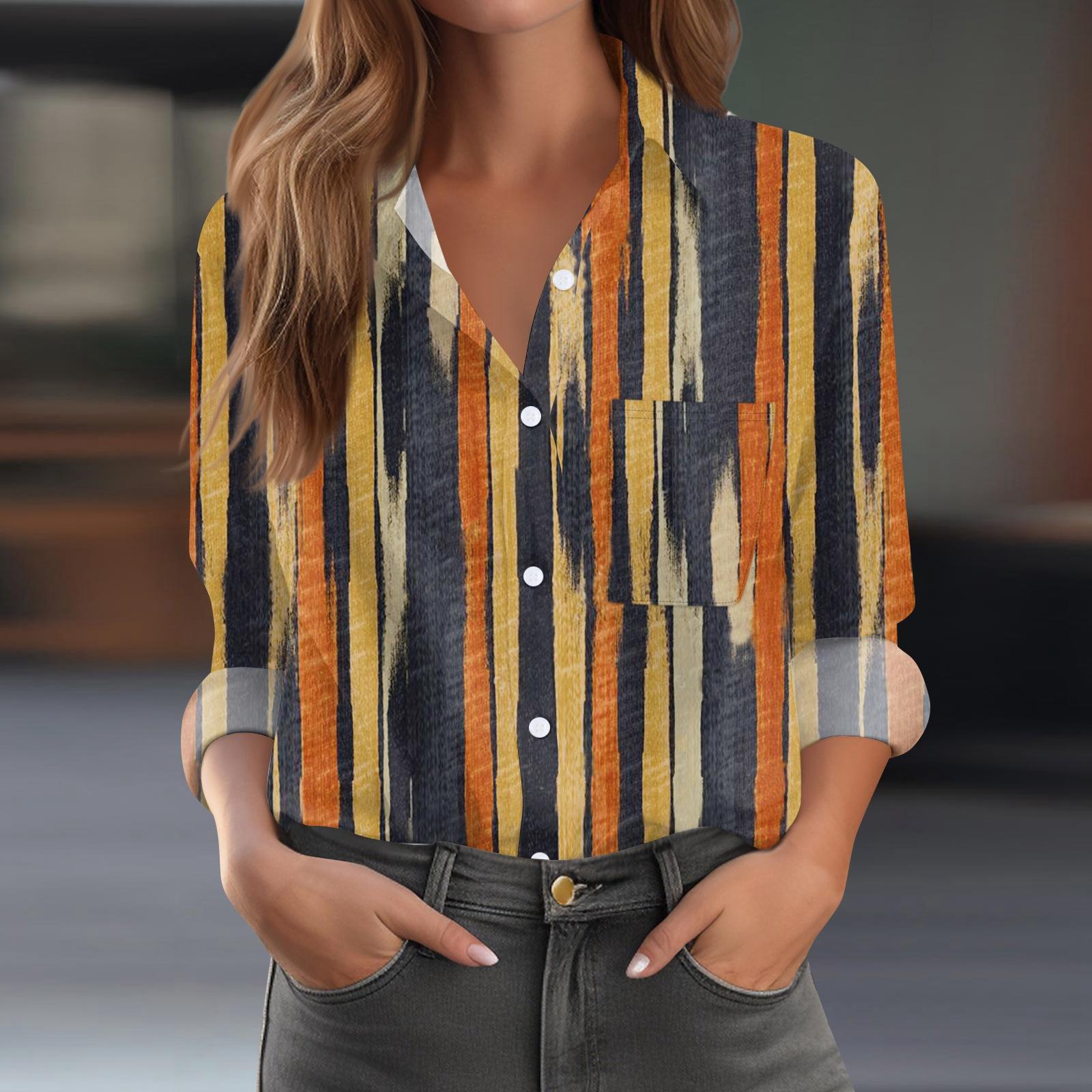 

Женская рубашка блузка с принтом на пуговицах с длинным рукавом повседневная базовая с воротником обычный топ с карманами XL жёлтый