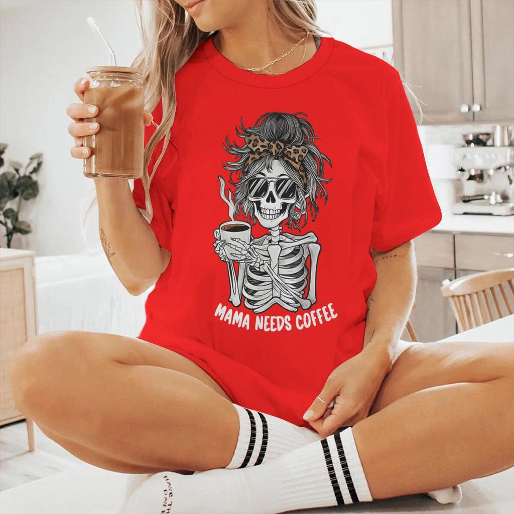 Mama Needs Coffee Vintage Womens Tshirts Fun Skeleton Coffee Print Graphic Short Sleeve T Shirt Casual Coffee Mom Tshirts Gift