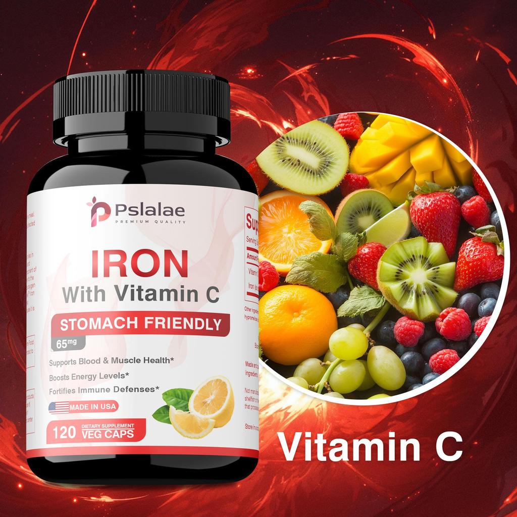 Pslalae Iron Capsules with Vitamin C for Supports Blood Health Boosts Energy Level Fortifies Immune Defenses for Women & Men