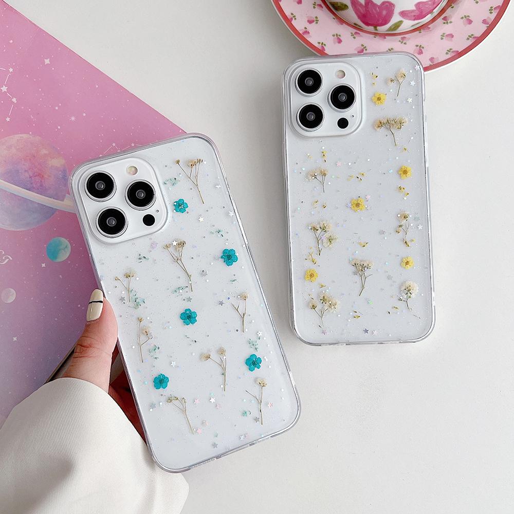 Real Dry Flower Phone Case For iPhone 17 Air 16 15 14 13 12 11 Pro XR X XS Max 7 8 Plus 16E Floral Soft Shockproof Cover