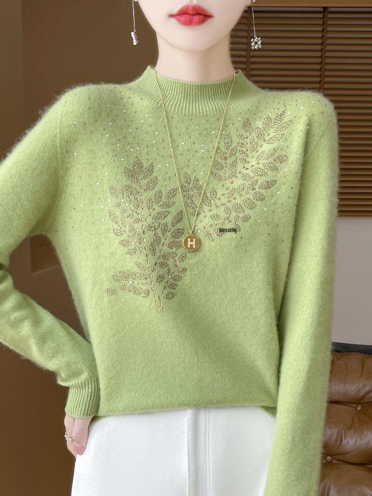 Women's Autumn/Winter Pure Wool Half-High Collar Sweater - Warm, Seamless, Non-Itchy, Hot-Drill Design