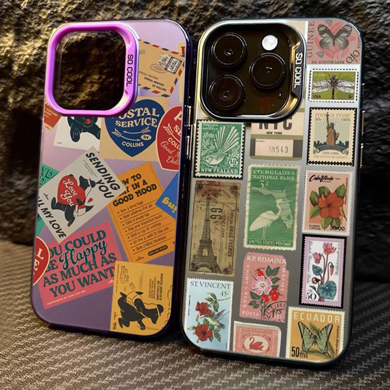 Stylový patchwork s razítky pro iPhone 16 15 14 13 12 11 Pro Max Ochranný kryt na telefon proti pádu Funda Bumber