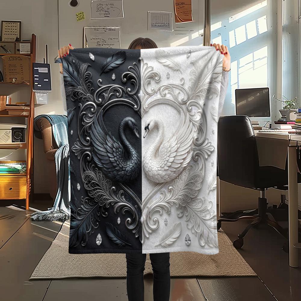 1Pc Black&White Swan Print Flannel Blanket, High quality Comfortable for All Seasons, Home Decor, Warmth and Comfort, Perfect for Christmas Gifts W33