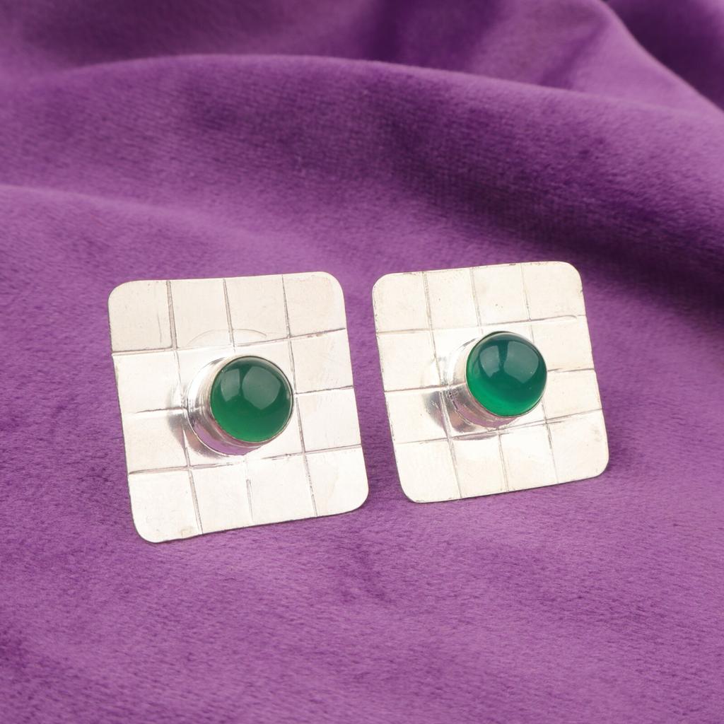 Round Green Onyx Stone Sterling Silver Stud Post Birthday Gift Earrings Jewelry EE-146-21