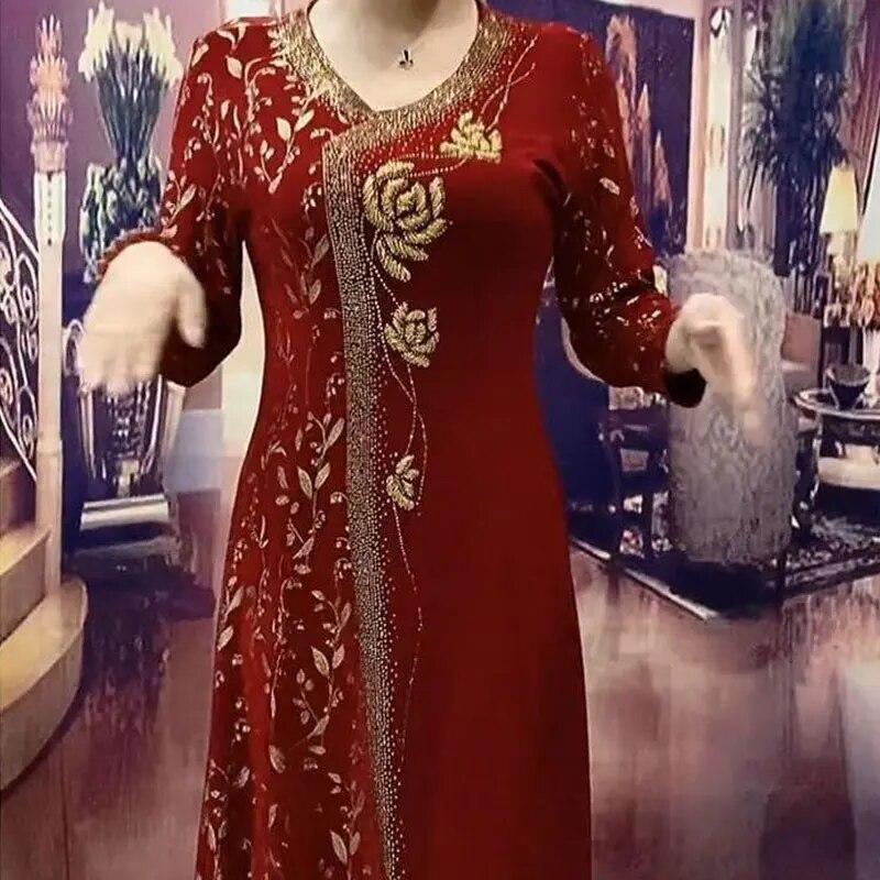 Abiti eleganti con scollo a V stampati, primavera autunno, nuovi abiti da donna a trapezio, maniche lunghe, eleganti, con diamanti floreali, abito lungo