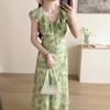 French green small flying sleeves floral thin dress for children's summer new seaside vacation waist temperament long dress