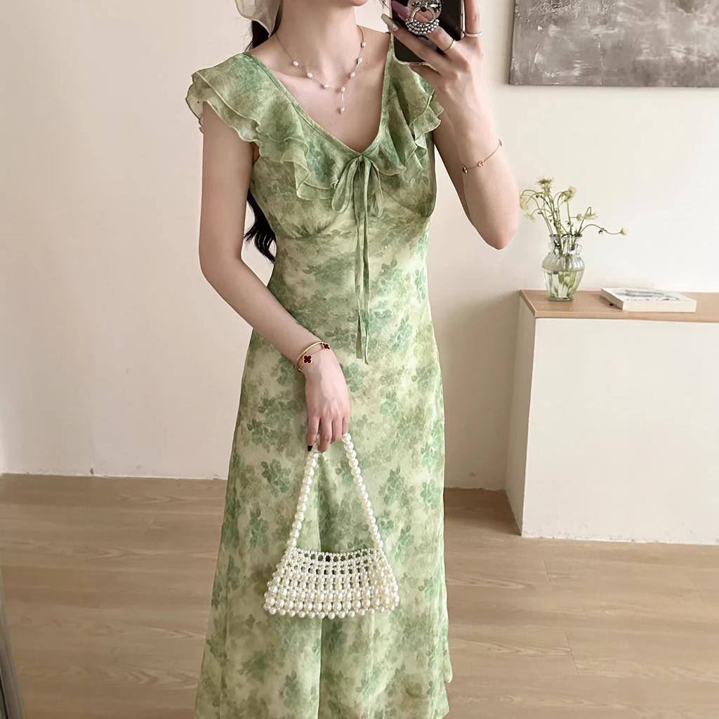 French green small flying sleeves floral thin dress for children's summer new seaside vacation waist temperament long dress