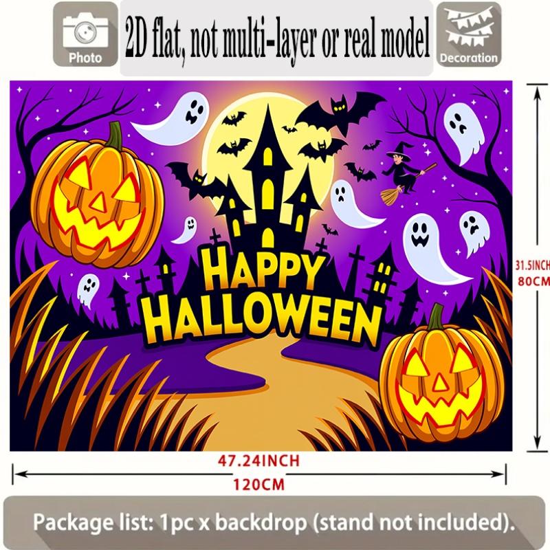 Party Backdrop Halloween Flat Banners Pumpkins Ghosts Bats Spooky Night Scene Photo Booth Background Front Door Decor