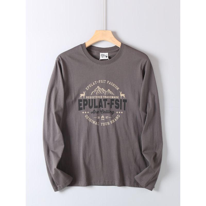 Vintage Printed Cotton Long-Sleeve T-Shirt for Men, Spring and Autumn Versatile Fashion Trendy Round-Neck Base Shirt