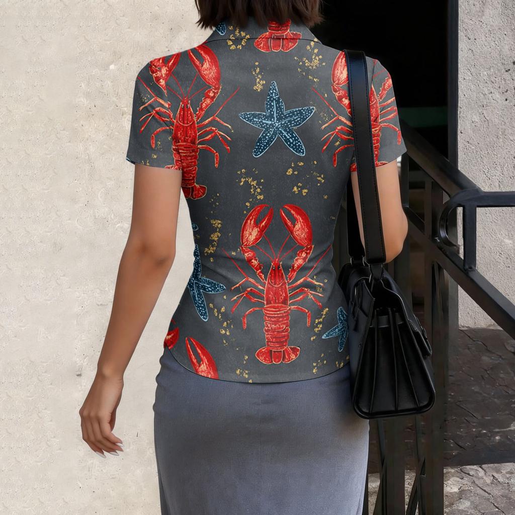 Damen Kurzarm Hemdbluse Slim Fit mit Kragen Hummerdruck Lässiges Sommer Oberteil für Büroarbeit und Alltag