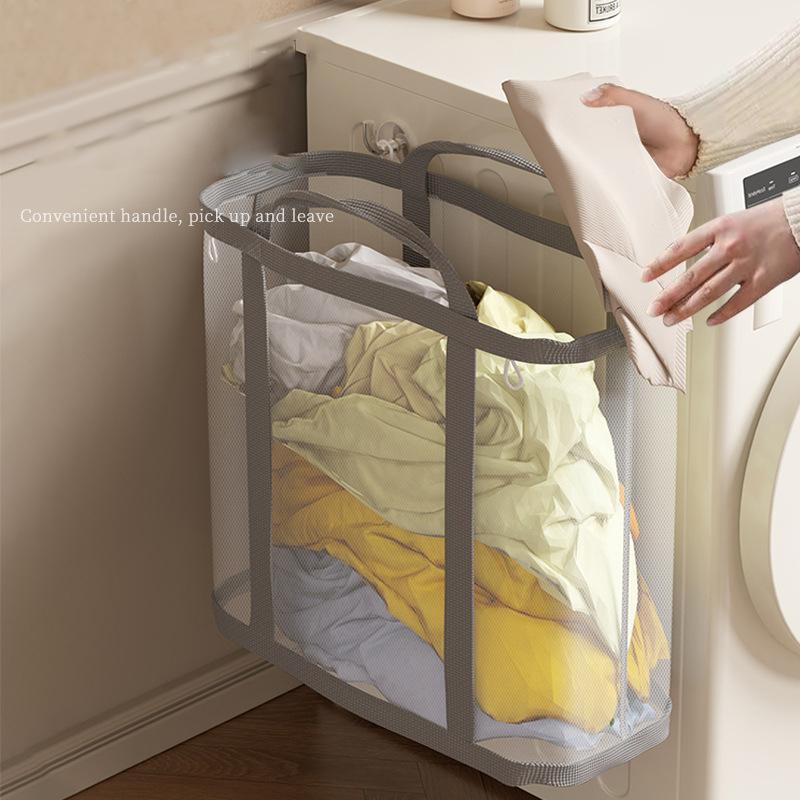 Nylon Mesh Laundry Basket With Handle Breathable Folding Portable Dirty Clothes Organizer Bags Large Capacity Toys Storage Bag