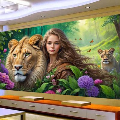 Diamantová malba Žena a lvi DIY Plná kamínková výšivka Divoká zvířata Mozaikové sady Křížková výšivka Nástěnná dekorace