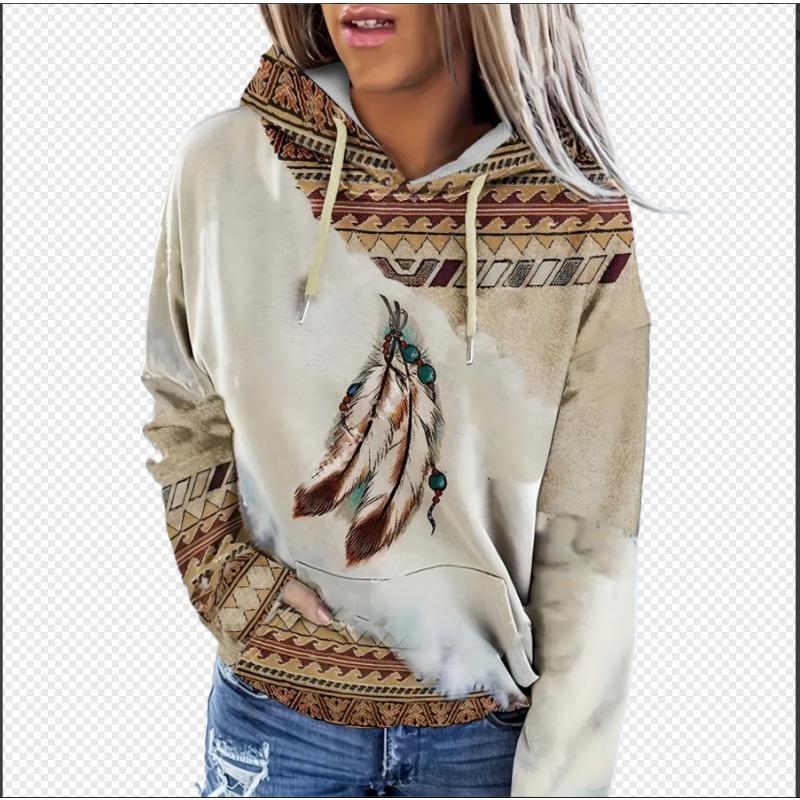 Women S Western Ethnic Printed Hooded Sweatshirt Casual Autumn Winter