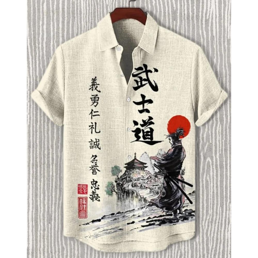 Men's Samurai Hawaiian Shirt Casual Short Sleeve Top Loose Clothing Fashion Retro Summer Shirt