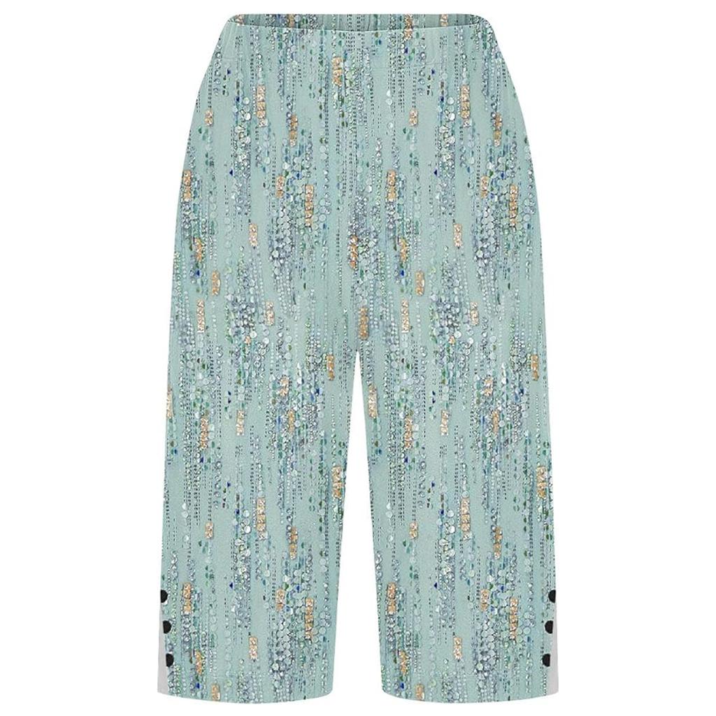 Damen Freizeithose mit Print, knielang, seitlichen Schlitzen, Knöpfen und Taschen, Fünf-Taschen-Hose