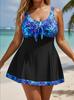 Plus Size European & American Two-Piece Swimsuit: Blue Leaf Print Tankini with Swim Skirt & Patchwork Briefs