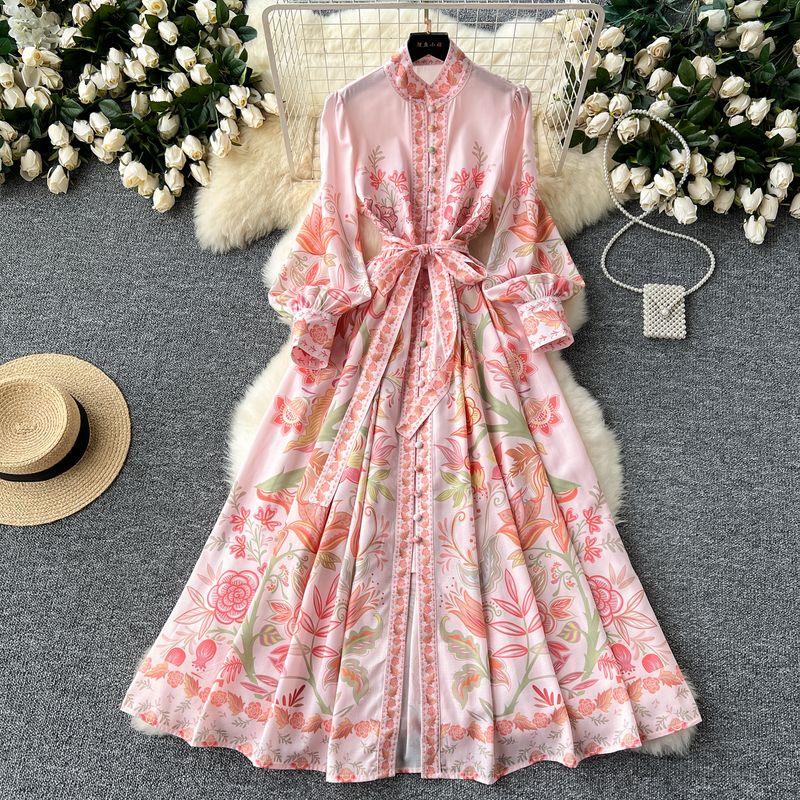 Fashion Fashionable Retro Stand Collar Lantern Long Sleeves Single Breasted Print Dress Female Waist Trimming Lace up Long Formal Dress