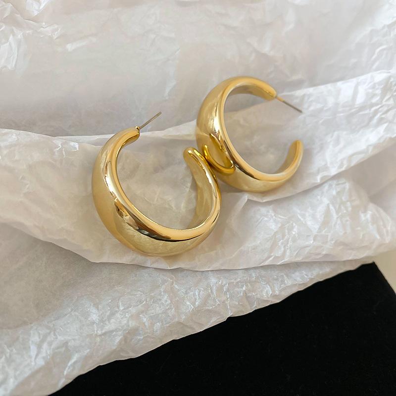 Gold French Simple Round Plain Ring Earrings Light Luxury Earrings Hong Kong Style Earrings