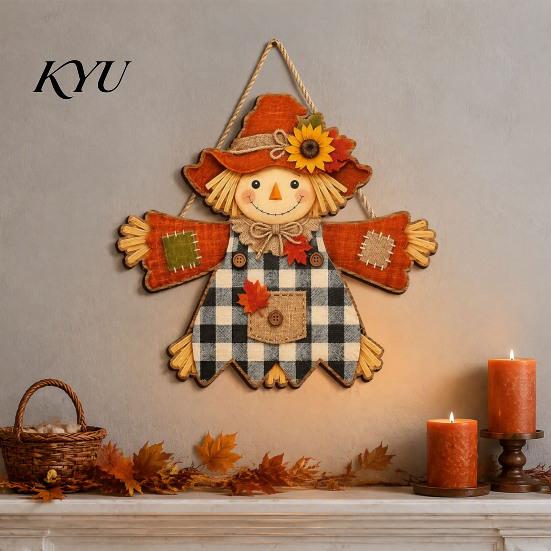 Decorative Holiday Wood Plaque Fall Wooden Hanging Sign, Autumn Scarecrow & Pumpkin Maple Leaf Door Festival Sign Hanger, Harvest Thanksgiving