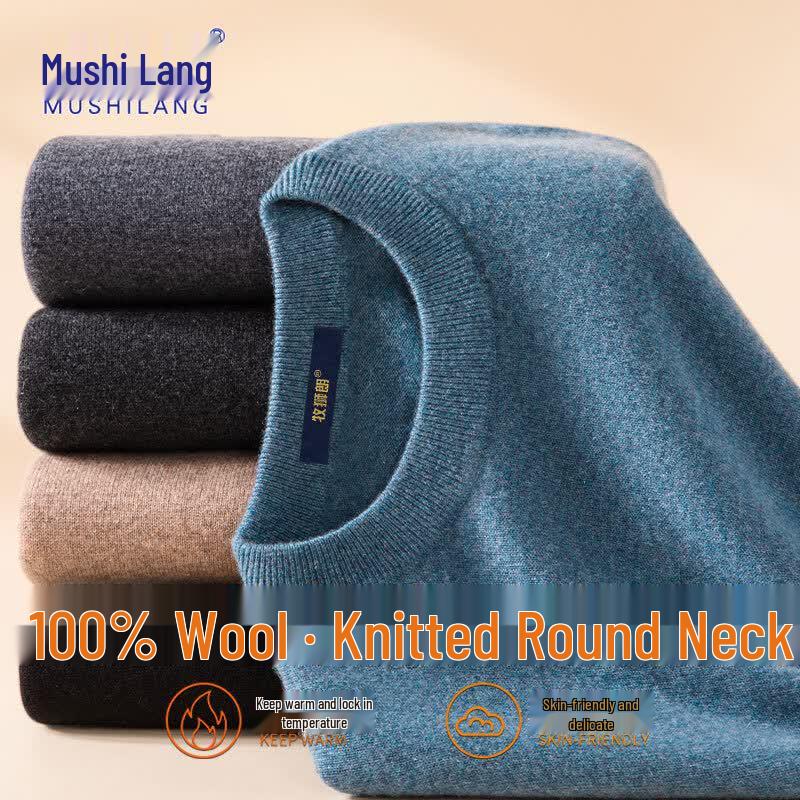 Moshilang Men's 100% Merino Wool Round Neck Pullover Sweater