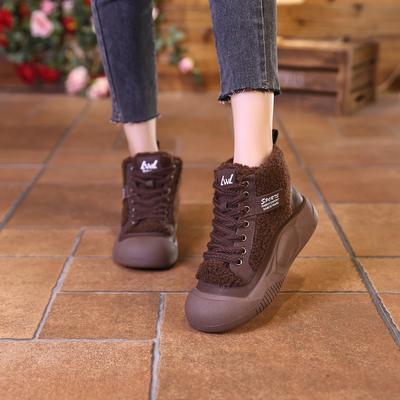 Damen Sneaker Schuhe im Angebot 2024 Neu Plüsch Sport Leder Schnürung Winter Damen Vulkanisierte Schuhe Leichtgewicht Runde Zehenpartie Lässig