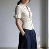 Women Striped Fitted Waist Short Sleeve Blazer Collar Casual Button Shirt