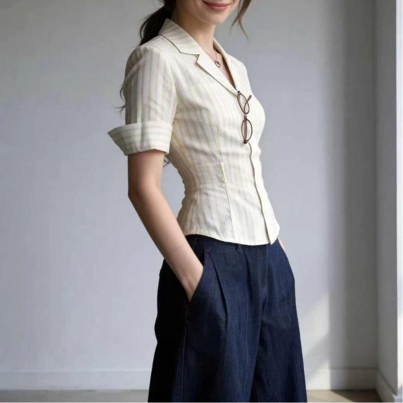 Women Striped Fitted Waist Short Sleeve Blazer Collar Casual Button Shirt