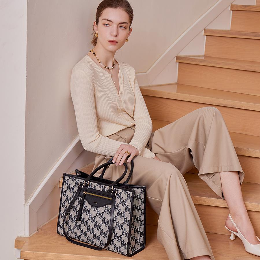 New ELLE Fabric Tote Bag, Multi Compartment, Fashion, One Shoulder Handbag Tubas Women's Black E22F1422538