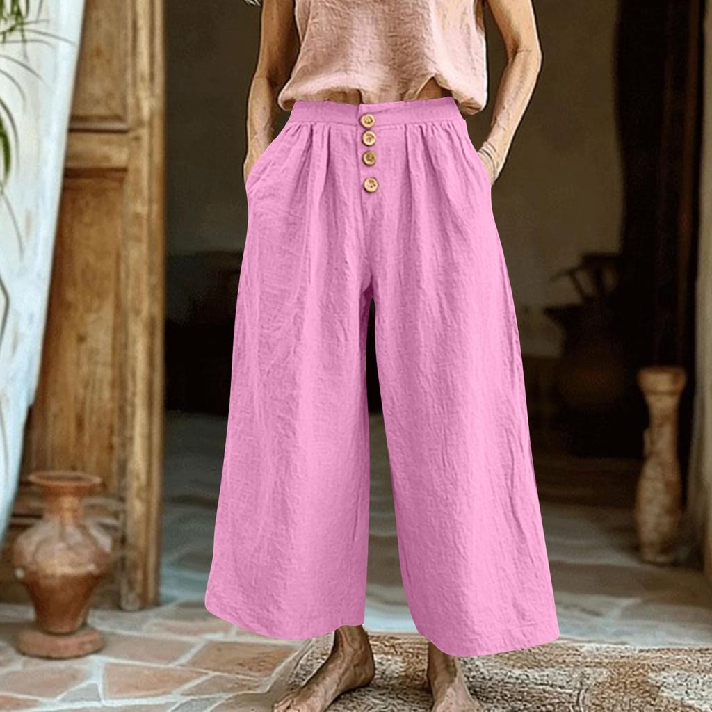 Wide Leg Cropped Pants for Women High Waist Button Front Loose Fit Casual Trousers with Pockets Lightweight Fabric